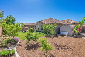 Back of house featuring a patio area, fence, a tile roof, a yard, and stucco siding