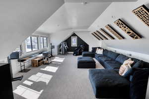 Family room with lofted ceiling. Large space can be used for a theater room, gym, or family room
