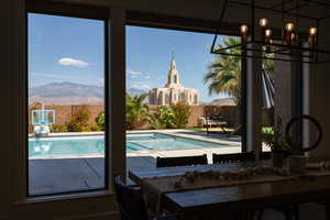 Dining space view of the temple and the mountains