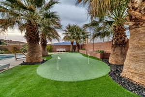 4-hole turf putting green surrounded by mature palm trees