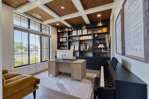 Living room/home office with built-in shelving and cabinets. Remote-controlled blinds