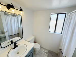 Bathroom with toilet, a healthy amount of sunlight, vanity, and visible vents