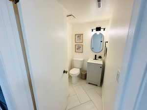 Bathroom with toilet, vanity, and visible vents