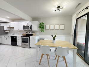 Kitchen with a sink, stainless steel appliances, visible vents, light countertops, and white cabinets
