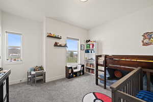 Bedroom featuring carpet flooring, multiple windows, and baseboards