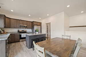 Kitchen featuring light wood finished floors, a center island, a sink, stainless steel appliances, and dark brown cabinetry