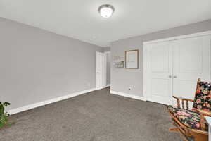 Sitting room with baseboards and dark carpet