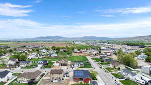 Aerial view of residential area with mountains