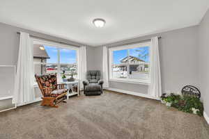 Living area featuring carpet flooring and baseboards