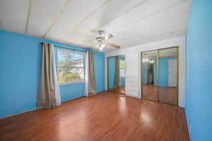 Unfurnished bedroom with multiple windows, two closets, wood finished floors, and a ceiling fan
