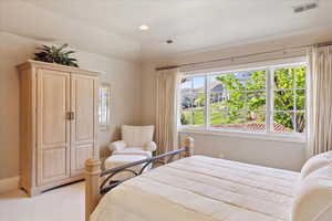 Bedroom with light colored carpet, visible vents, and multiple windows