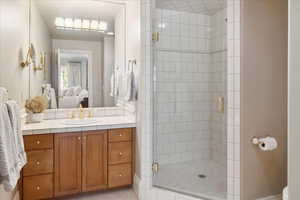 Bathroom with vanity, ensuite bathroom, and a stall shower