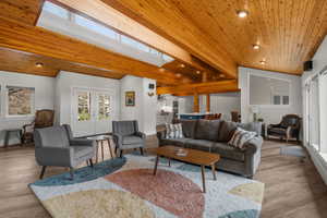 Living area with recessed lighting, baseboards, wood ceiling, wood finished floors, and vaulted ceiling with skylight