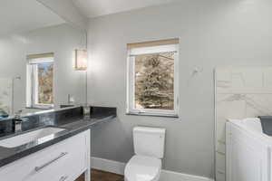 Bathroom featuring toilet, baseboards, washer / dryer, vanity, and wood finished floors