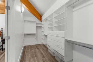 Spacious closet with dark wood-style floors