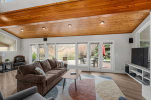 Living area featuring lofted ceiling, recessed lighting, wooden ceiling, and wood finished floors