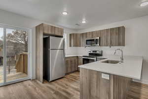 Kitchen with a peninsula, a sink, brown cabinetry, light countertops, and appliances with stainless steel finishes