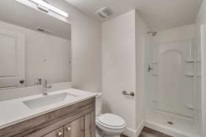Full bathroom with walk in shower, toilet, visible vents, and vanity