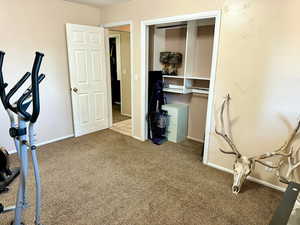Workout room featuring baseboards and carpet flooring