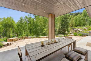 View of patio / terrace featuring outdoor dining space and view of scattered trees