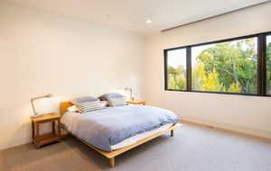 Carpeted bedroom with multiple windows, visible vents, baseboards, and recessed lighting