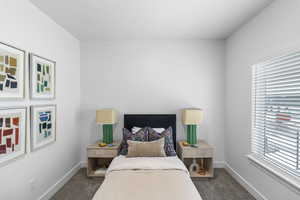 Bedroom with carpet flooring and baseboards