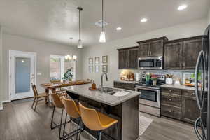 Kitchen with visible vents, a sink, wood finished floors, stainless steel appliances, and tasteful backsplash