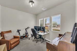 Carpeted home office with a textured ceiling, visible vents, and baseboards