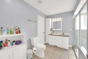 Bathroom with toilet, vanity, visible vents, and a stall shower