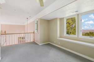 Unfurnished room with carpet, visible vents, crown molding, ceiling fan, and baseboards
