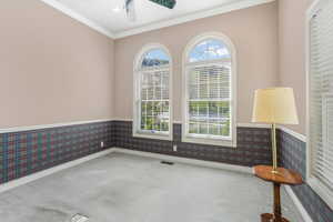 Unfurnished room with ceiling fan, wainscoting, crown molding, and carpet floors