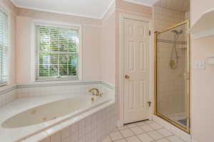 Full bath with tile patterned floors, a bath, a stall shower, and a healthy amount of sunlight