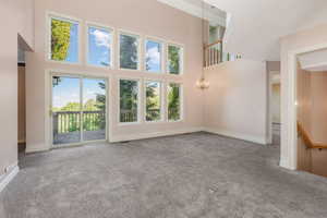 Unfurnished living room with plenty of natural light, carpet floors, and a towering ceiling