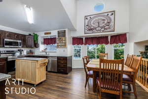 Kitchen featuring a sink, dark brown cabinetry, a kitchen island, stainless steel appliances, and dark wood-style floors