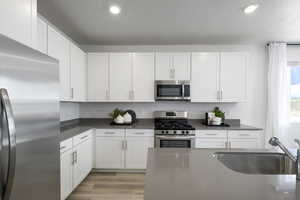 Kitchen with dark countertops, a textured ceiling, stainless steel appliances, and a sink