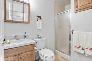 Bathroom with vanity, toilet, and a shower stall