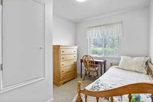 Bedroom with light carpet and baseboards