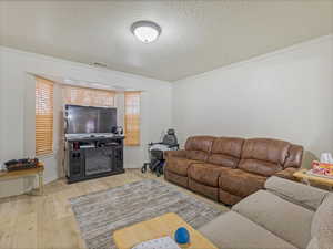 Living area featuring wood finished floors, ornamental molding, a textured ceiling, visible vents, and baseboards