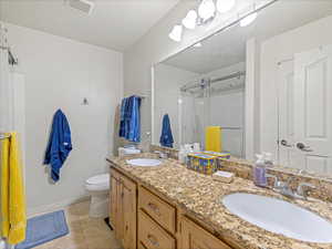 Bathroom with toilet, visible vents, a sink, and a stall shower