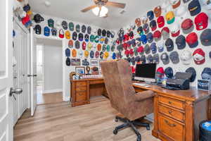 Home office with light wood-type flooring, visible vents, baseboards, and a ceiling fan