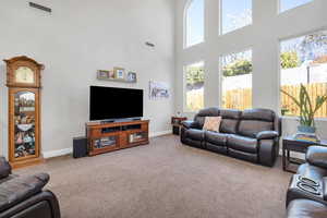 Carpeted living area with baseboards, visible vents, and a high ceiling