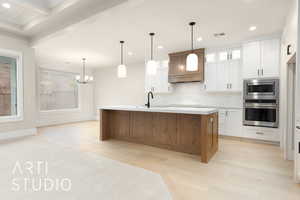 Kitchen with appliances with stainless steel finishes, a sink, light wood finished floors, tasteful backsplash, and premium range hood