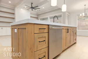 Kitchen featuring beam ceiling, light wood-style flooring, light countertops, dishwasher, and a ceiling fan