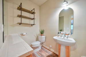 Half bathroom featuring toilet, a sink, and wood finished floors