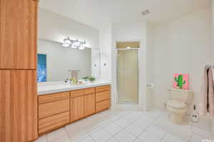 Full bath with toilet, vanity, visible vents, tile patterned flooring, and a shower stall