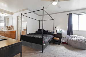Bedroom with a ceiling fan, a sink, ensuite bath, light carpet, and ornamental molding