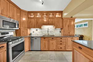 Kitchen featuring glass insert cabinets, a sink, dark stone countertops, decorative backsplash, and appliances with stainless steel finishes