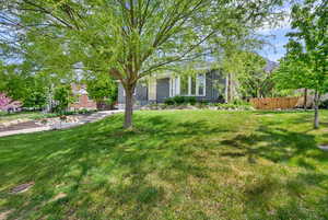 Obstructed view of property with fence and a front yard