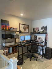 View of carpeted home office