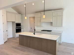 Kitchen featuring light wood-style flooring, a sink, stainless steel appliances, baseboards, and vaulted ceiling